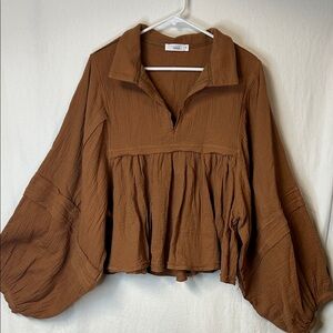Talulah Women’s Brown Peplum Blouse Balloon Sleeves Size S 100% Cotton Raw Edges